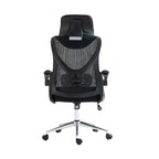Sedia da ufficio ergonomica in rete con poggiatesta e supporto lombare, design a incrocio, base cromata, nera