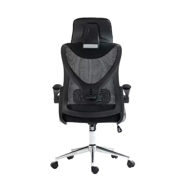 Sedia da ufficio ergonomica in rete con poggiatesta e supporto lombare, design a incrocio, base cromata, nera