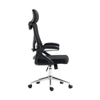 Sedia da ufficio ergonomica in rete con poggiatesta e supporto lombare, design a incrocio, base cromata, nera