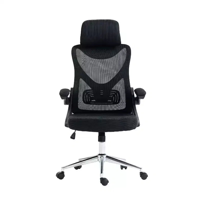 Sedia da ufficio ergonomica in rete con poggiatesta e supporto lombare, design a incrocio, base cromata, nera