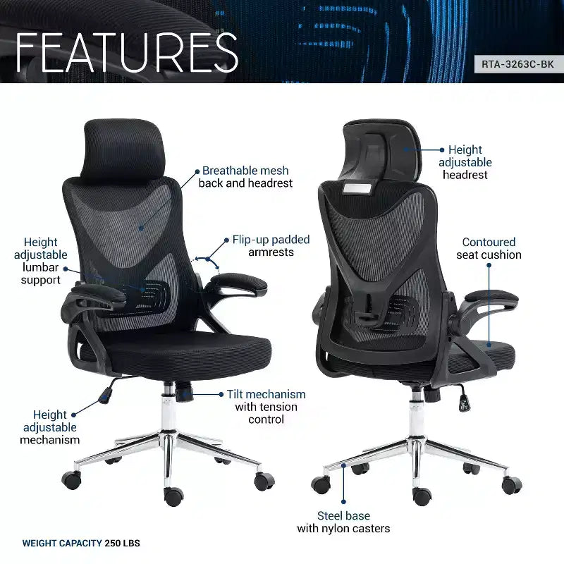 Sedia da ufficio ergonomica in rete con poggiatesta e supporto lombare, design a incrocio, base cromata, nera