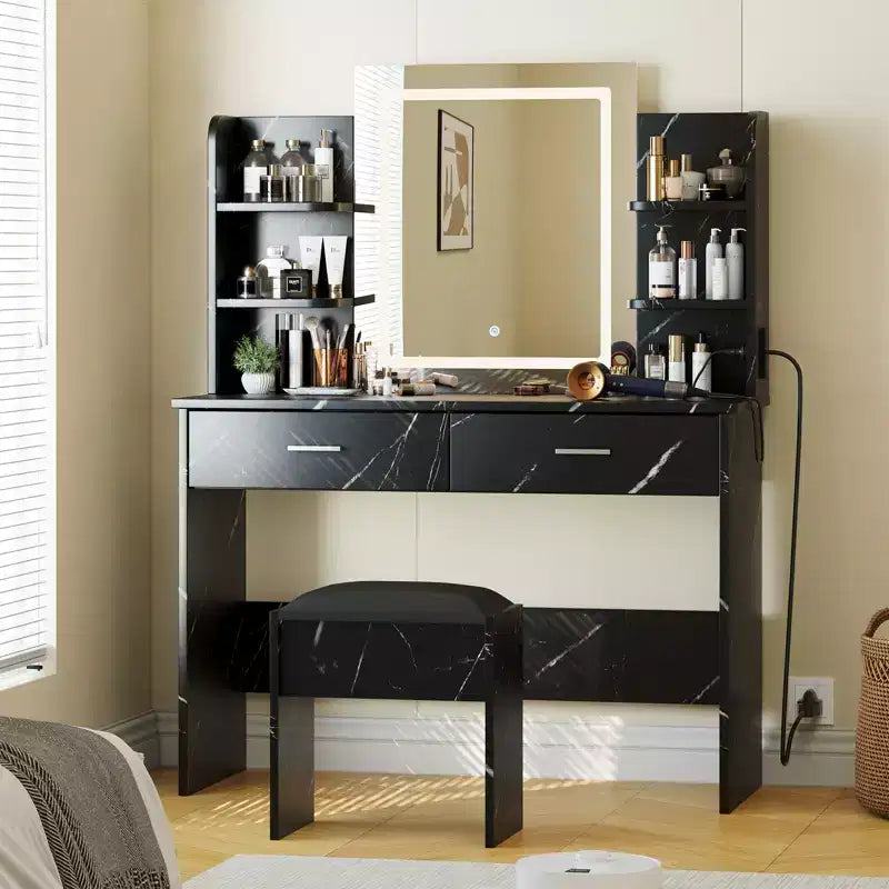 Tocador de maquillaje con espejo, conjunto de mesa y silla con 2 cajones de almacenamiento y 4 estantes, 3 modos de iluminación, para sala de estar y hogar