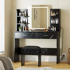 Tocador de maquillaje con espejo, conjunto de mesa y silla con 2 cajones de almacenamiento y 4 estantes, 3 modos de iluminación, para sala de estar y hogar