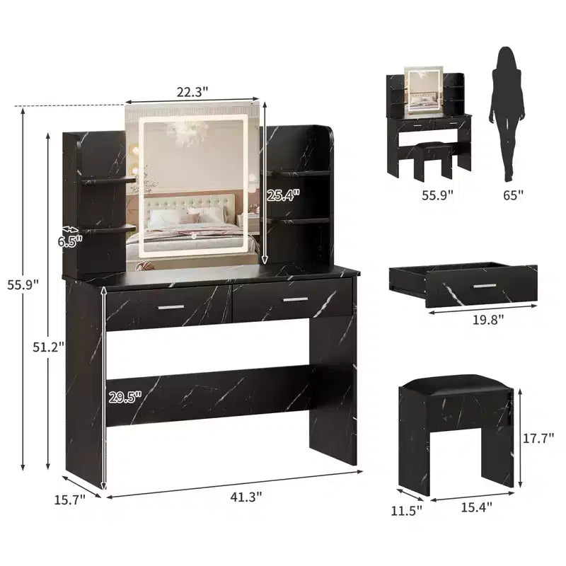 Tocador de maquillaje con espejo, conjunto de mesa y silla con 2 cajones de almacenamiento y 4 estantes, 3 modos de iluminación, para sala de estar y hogar
