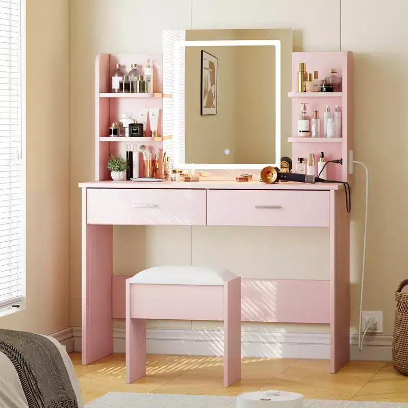 Tocador de maquillaje con espejo, conjunto de mesa y silla con 2 cajones de almacenamiento y 4 estantes, 3 modos de iluminación, para sala de estar y hogar