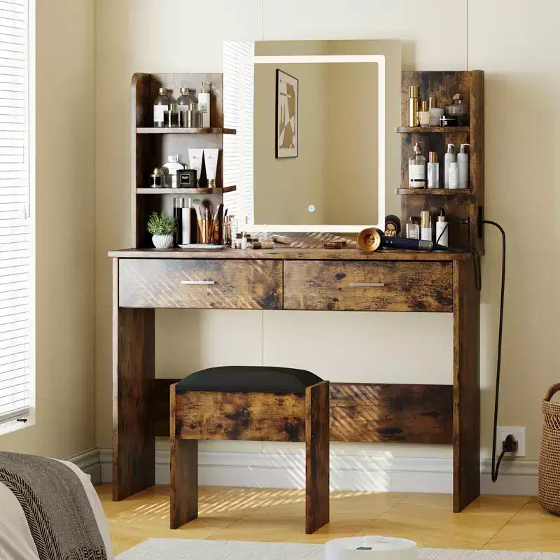 Tocador de maquillaje con espejo, conjunto de mesa y silla con 2 cajones de almacenamiento y 4 estantes, 3 modos de iluminación, para sala de estar y hogar