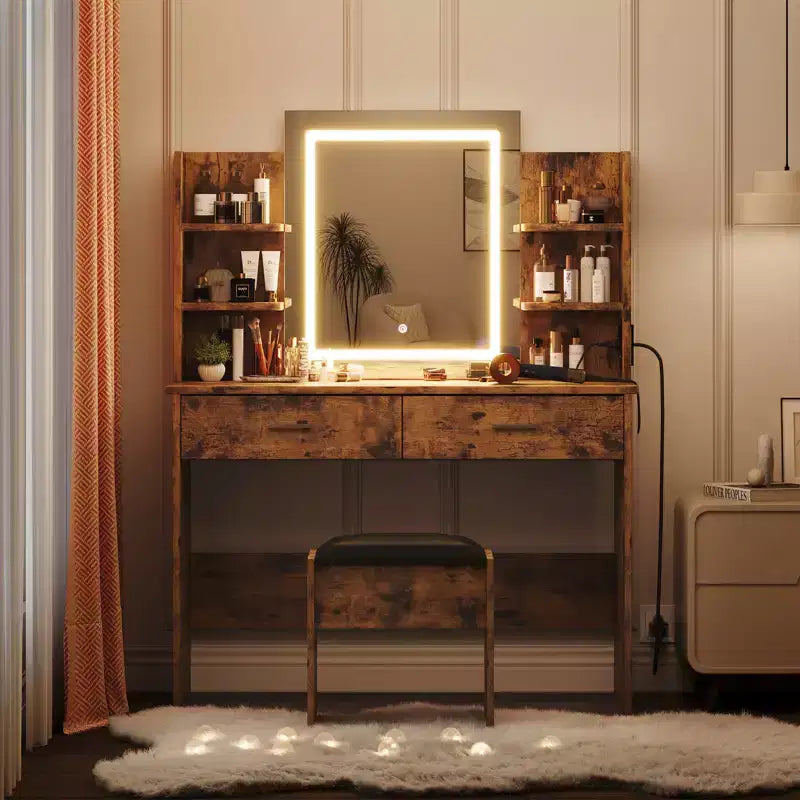 Tocador de maquillaje con espejo, conjunto de mesa y silla con 2 cajones de almacenamiento y 4 estantes, 3 modos de iluminación, para sala de estar y hogar