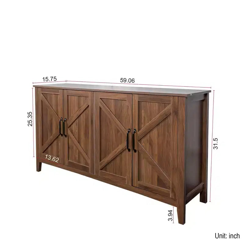 Credenza rustica da 150 cm con 4 ante e ripiani regolabili, Mobile buffet per sala da pranzo