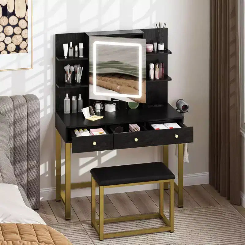Vanity Desk Makeup Table with LED Lighted Mirror & 3 Drawers Storage Power Hub
