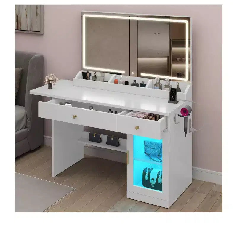 Moderner Schminktisch mit großem Spiegel, 1 Schrank, klappbarer Tischplatte, 2 Schubladen und Regalen, Schminktisch-Set für das Schlafzimmer