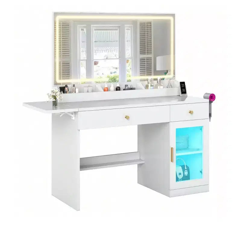 Moderner Schminktisch mit großem Spiegel, 1 Schrank, klappbarer Tischplatte, 2 Schubladen und Regalen, Schminktisch-Set für das Schlafzimmer
