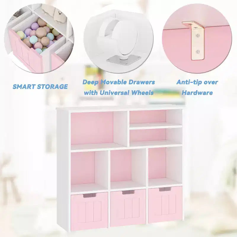 Libreria Scaffale per bambini con 3 cassetti mobili e 6 cubi contenitore giocattoli bianco