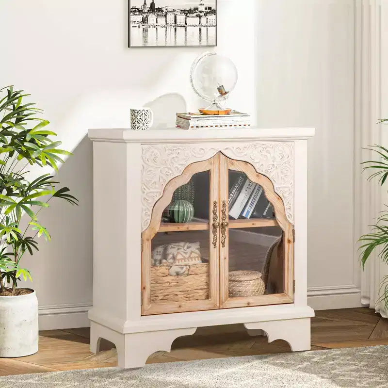 Mobile contenitore in legno vintage intagliato a due ante per cucina, ingresso e soggiorno