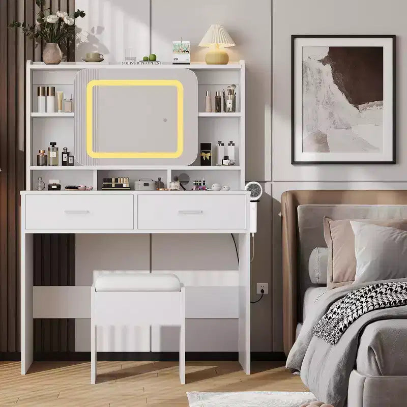 Toeletta da trucco con specchio scorrevole, toeletta moderna, 2 cassetti e sgabello con imbottitura morbida, 3 modalità di illuminazione regolabili, per camera da letto