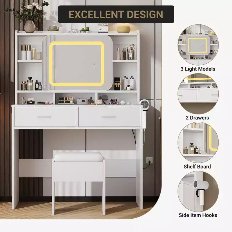 Toeletta da trucco con specchio scorrevole, toeletta moderna, 2 cassetti e sgabello con imbottitura morbida, 3 modalità di illuminazione regolabili, per camera da letto