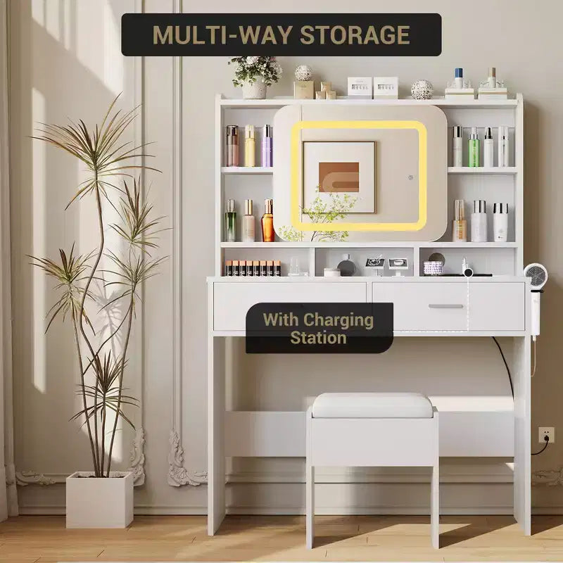 Toeletta da trucco con specchio scorrevole, toeletta moderna, 2 cassetti e sgabello con imbottitura morbida, 3 modalità di illuminazione regolabili, per camera da letto