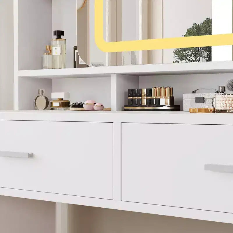 Toeletta da trucco con specchio scorrevole, toeletta moderna, 2 cassetti e sgabello con imbottitura morbida, 3 modalità di illuminazione regolabili, per camera da letto