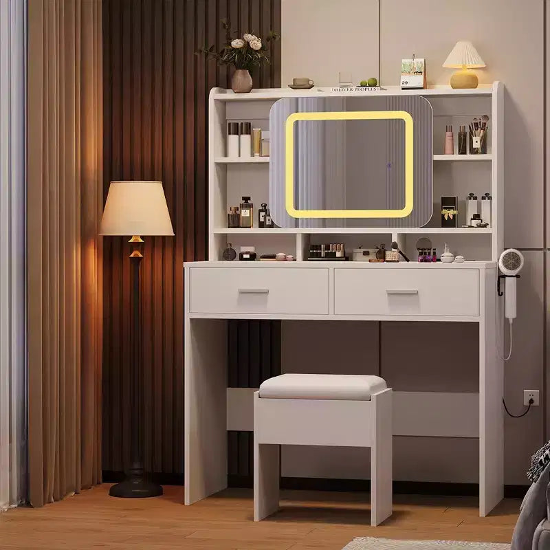 Toeletta da trucco con specchio scorrevole, toeletta moderna, 2 cassetti e sgabello con imbottitura morbida, 3 modalità di illuminazione regolabili, per camera da letto