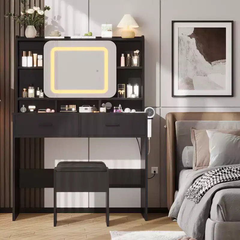 Toeletta da trucco con specchio scorrevole, toeletta moderna, 2 cassetti e sgabello con imbottitura morbida, 3 modalità di illuminazione regolabili, per camera da letto