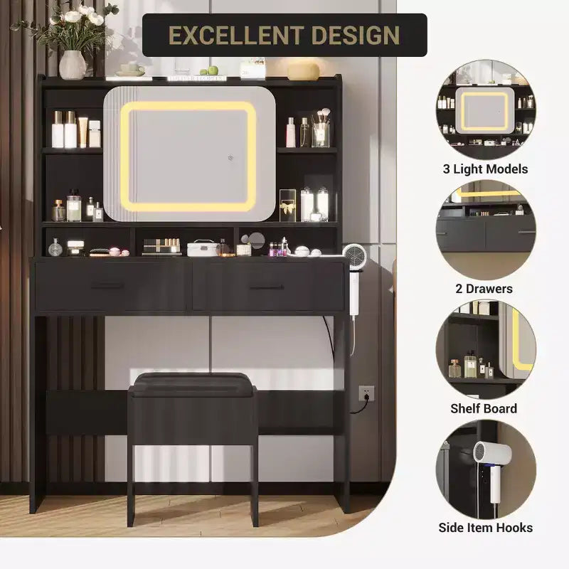 Toeletta da trucco con specchio scorrevole, toeletta moderna, 2 cassetti e sgabello con imbottitura morbida, 3 modalità di illuminazione regolabili, per camera da letto