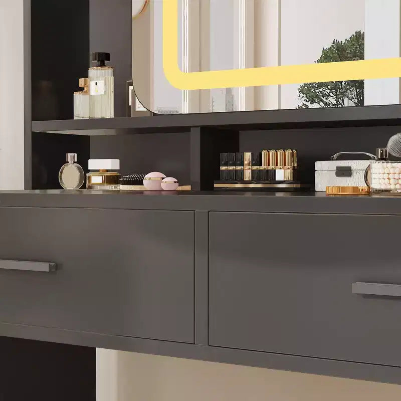 Toeletta da trucco con specchio scorrevole, toeletta moderna, 2 cassetti e sgabello con imbottitura morbida, 3 modalità di illuminazione regolabili, per camera da letto