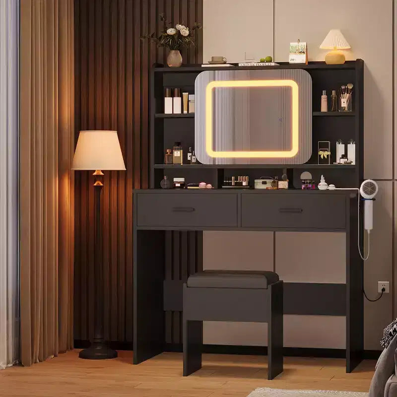 Toeletta da trucco con specchio scorrevole, toeletta moderna, 2 cassetti e sgabello con imbottitura morbida, 3 modalità di illuminazione regolabili, per camera da letto