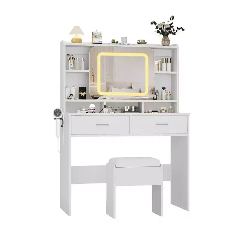 Tocador de maquillaje con espejo deslizante, tocador moderno, 2 cajones y taburete acolchado, 3 modos de iluminación ajustables, para dormitorio