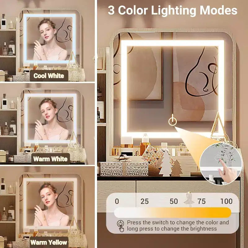Set da toeletta per il trucco con specchio e luci, set moderno con vano portaoggetti nascosto, sgabello, 2 cassetti grandi e 3 ripiani aperti a 3 livelli, per la camera da letto
