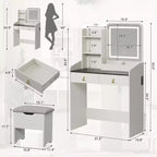 Set da toeletta per il trucco con specchio e luci, set moderno con vano portaoggetti nascosto, sgabello, 2 cassetti grandi e 3 ripiani aperti a 3 livelli, per la camera da letto