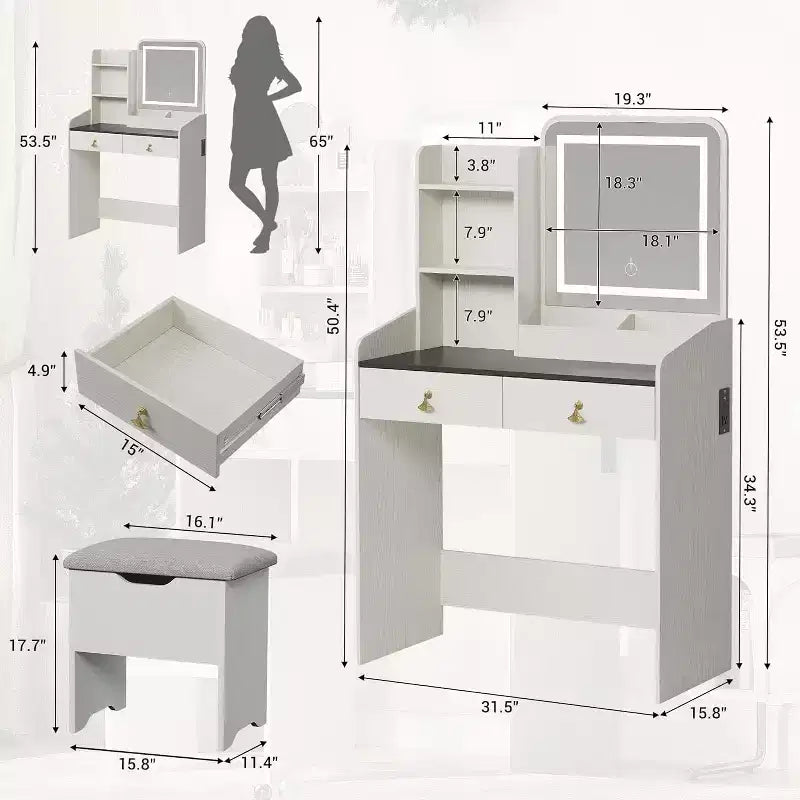 Set da toeletta per il trucco con specchio e luci, set moderno con vano portaoggetti nascosto, sgabello, 2 cassetti grandi e 3 ripiani aperti a 3 livelli, per la camera da letto