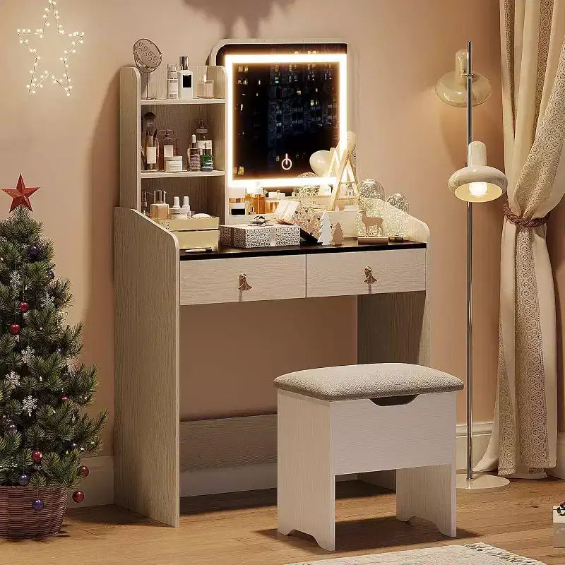 Set da toeletta per il trucco con specchio e luci, set moderno con vano portaoggetti nascosto, sgabello, 2 cassetti grandi e 3 ripiani aperti a 3 livelli, per la camera da letto