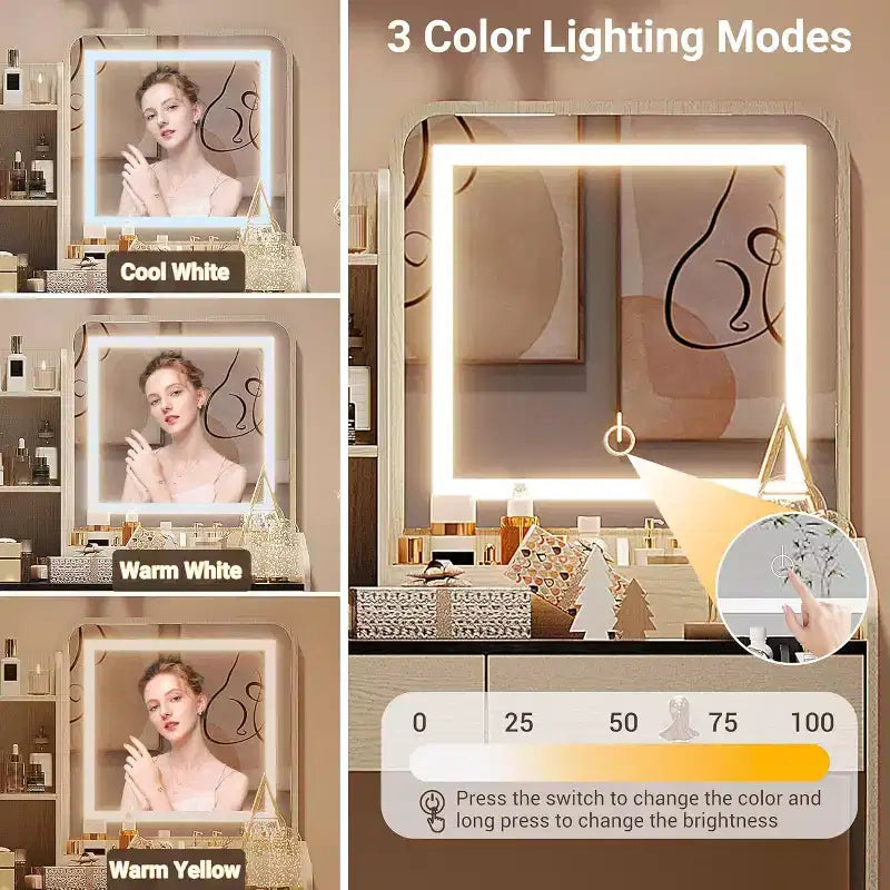 Set da toeletta per il trucco con specchio e luci, set moderno con vano portaoggetti nascosto, sgabello, 2 cassetti grandi e 3 ripiani aperti a 3 livelli, per la camera da letto