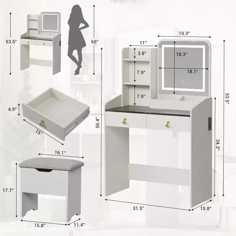 Set da toeletta per il trucco con specchio e luci, set moderno con vano portaoggetti nascosto, sgabello, 2 cassetti grandi e 3 ripiani aperti a 3 livelli, per la camera da letto