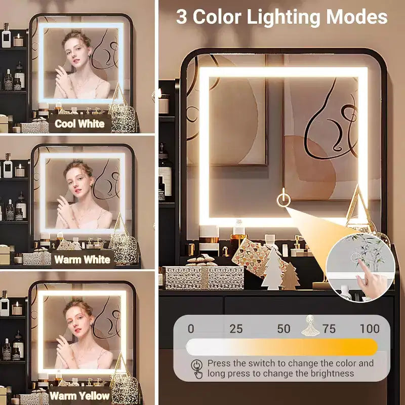 Set da toeletta per il trucco con specchio e luci, set moderno con vano portaoggetti nascosto, sgabello, 2 cassetti grandi e 3 ripiani aperti a 3 livelli, per la camera da letto