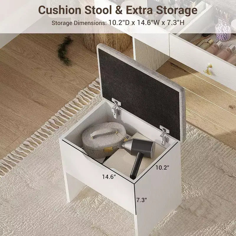 Set da toeletta per il trucco con specchio e luci, set moderno con vano portaoggetti nascosto, sgabello, 2 cassetti grandi e 3 ripiani aperti a 3 livelli, per la camera da letto