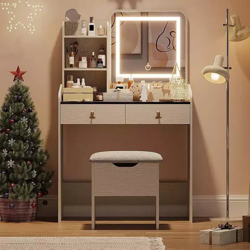 Set da toeletta per il trucco con specchio e luci, set moderno con vano portaoggetti nascosto, sgabello, 2 cassetti grandi e 3 ripiani aperti a 3 livelli, per la camera da letto