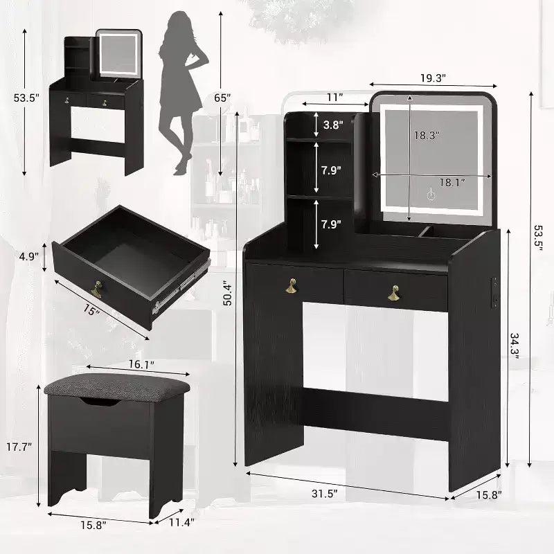 Set da toeletta per il trucco con specchio e luci, set moderno con vano portaoggetti nascosto, sgabello, 2 cassetti grandi e 3 ripiani aperti a 3 livelli, per la camera da letto