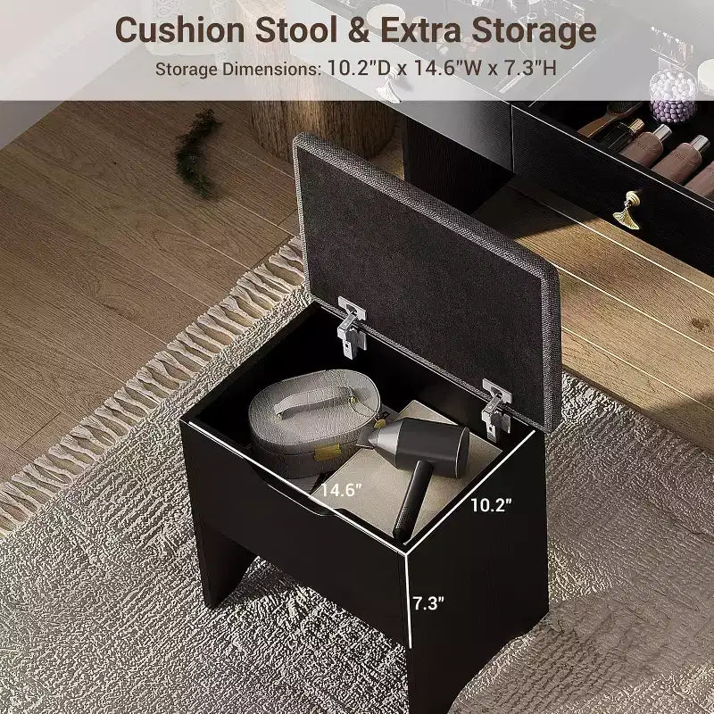 Set da toeletta per il trucco con specchio e luci, set moderno con vano portaoggetti nascosto, sgabello, 2 cassetti grandi e 3 ripiani aperti a 3 livelli, per la camera da letto
