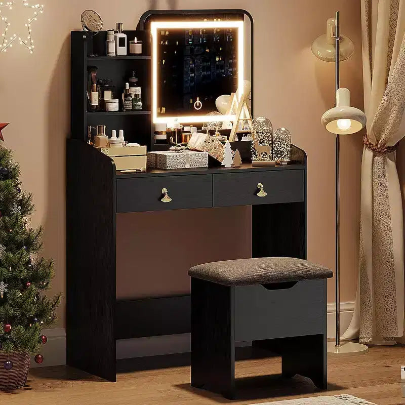 Set da toeletta per il trucco con specchio e luci, set moderno con vano portaoggetti nascosto, sgabello, 2 cassetti grandi e 3 ripiani aperti a 3 livelli, per la camera da letto