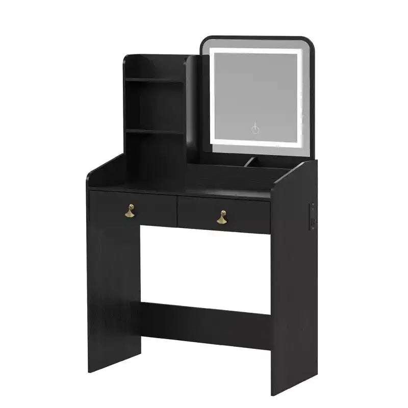 Makeup Vanity Set with Mirror and Lights, Modern Vanity Set with Hidden Storage Stool, 2 Large Drawers, 3-Tier Open Shelves, for Bedroom