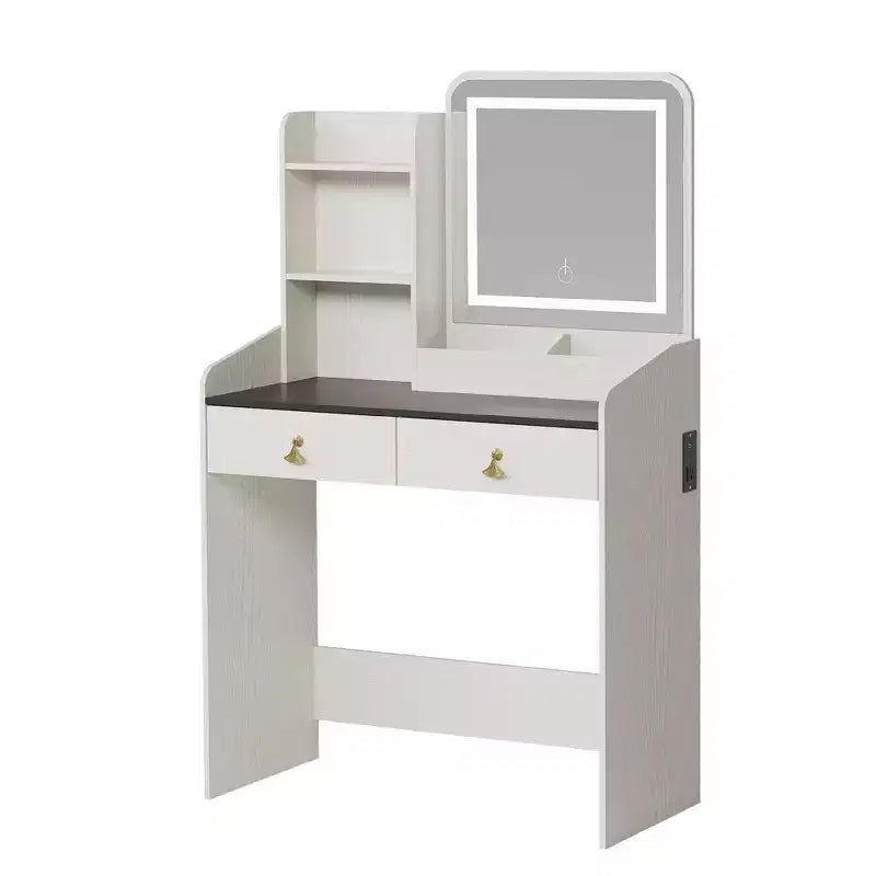 Juego de tocador de maquillaje con espejo y luces, juego de tocador moderno con taburete y almacenamiento oculto, 2 cajones grandes y 3 estantes abiertos de 3 niveles, para dormitorio