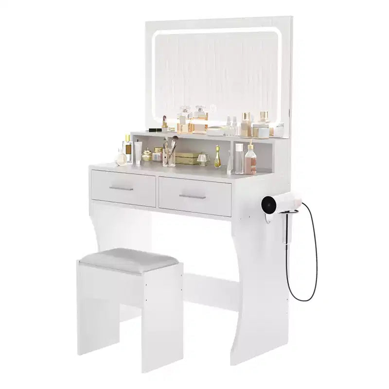 31.5 Large Makeup Vanity Desk with Mirror and Lights, 2 Drawers, Stool, 3 Color Lighting Modes, Modern Dressing Table for Bedroom