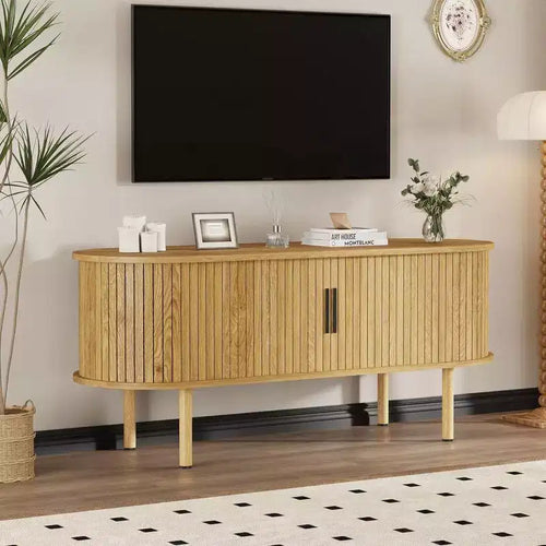 Coolmee 47.2 inch TV Cabinet with Storage and Sliding Doors, Wood Media Console Table for TVs Up to 80 Inches, Modern Entertainment Center