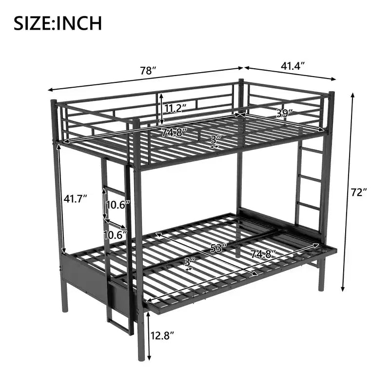 Letto a castello in metallo con letto superiore singolo e inferiore a una piazza e mezza, divano futon, ringhiere a tutta lunghezza e scaletta integrata, nero