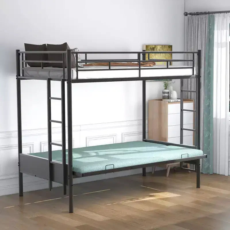 Letto a castello in metallo con letto superiore singolo e inferiore a una piazza e mezza, divano futon, ringhiere a tutta lunghezza e scaletta integrata, nero