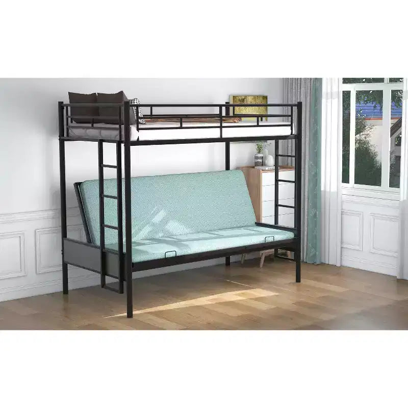 Letto a castello in metallo con letto superiore singolo e inferiore a una piazza e mezza, divano futon, ringhiere a tutta lunghezza e scaletta integrata, nero