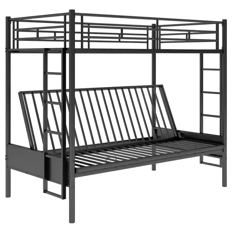 Letto a castello in metallo con letto superiore singolo e inferiore a una piazza e mezza, divano futon, ringhiere a tutta lunghezza e scaletta integrata, nero