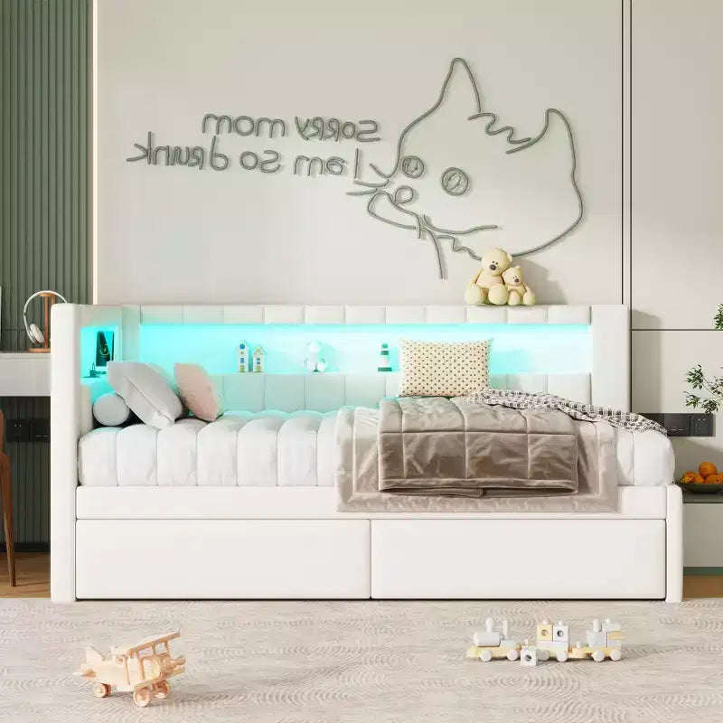 Letto matrimoniale imbottito con porte USB, striscia LED e 2 cassetti portaoggetti, bianco