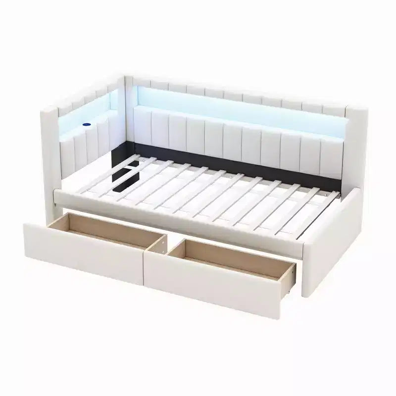 Letto matrimoniale imbottito con porte USB, striscia LED e 2 cassetti portaoggetti, bianco