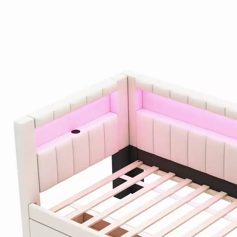 Letto matrimoniale imbottito con porte USB, striscia LED e 2 cassetti portaoggetti, bianco